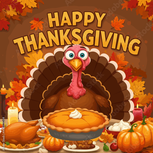 Festive greetings saying "Happy Thanksgiving" with cartoon turkeys and fall-themed backgrounds.