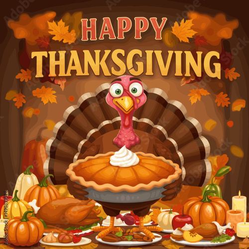 Festive greetings saying "Happy Thanksgiving" with cartoon turkeys and fall-themed backgrounds.