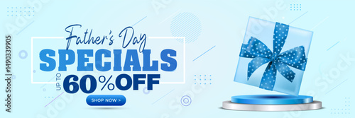 Father's day sale promotion banner design. Special discount, offer, deals upto 50% off with product display podium concept.