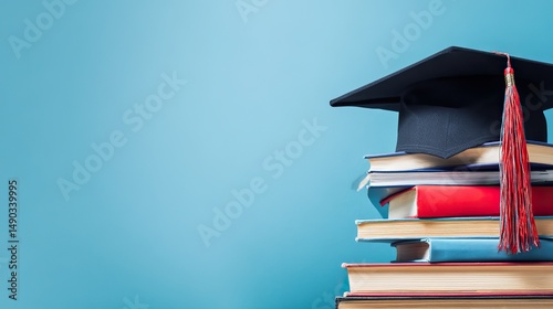 Graduation cap and stacked books on blue background symbolizing education and achievement, web banner with copy space on right side.