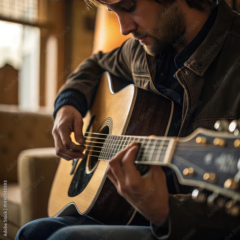 Fototapeta premium Man Playing Acoustic Guitar Indoors , Close-Up of Hands and Strings