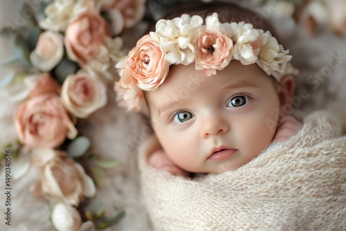Adorable baby wrapped in knitted blanket with flower headband.