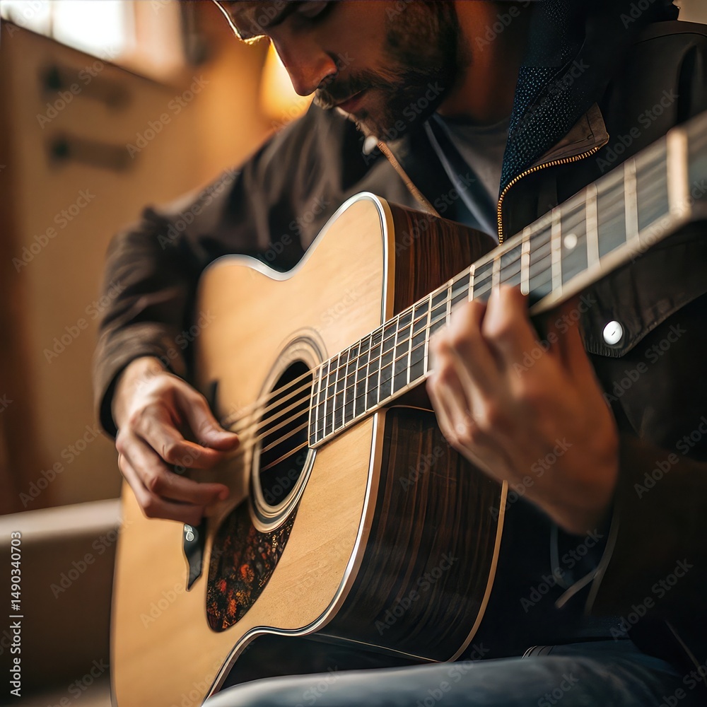 Fototapeta premium Man Playing Acoustic Guitar Indoors , Close-Up of Hands and Strings