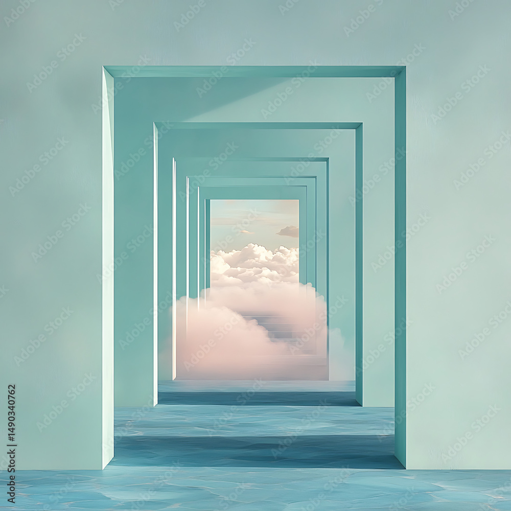 Naklejka premium Pastel hallway with cloudscape view.