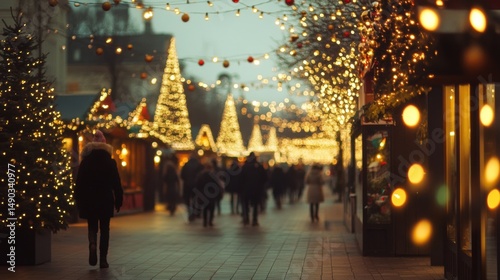 Festive Outdoor Market with Christmas Trees and Crowds in Holiday Season