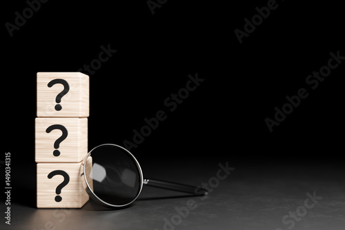 Fototapeta Naklejka Na Ścianę i Meble -  Magnifying glass and stack of question mark wood cube on dark background, analyze the questions, FAQs, 3d render
