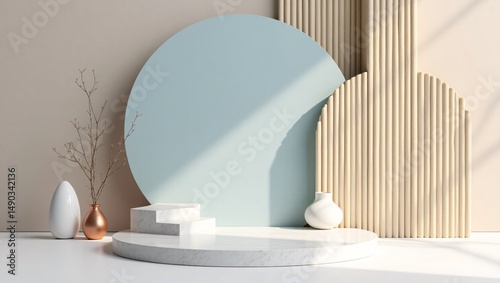 Minimalist 3D Product Display Scene with Marble Podium and Modern Geometric Background in Soft Pastel Tones