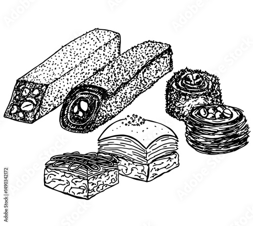 Hand drawn turkish baklava and Turkish delight  on white background. Assorted Oriental sweets sketch. Rahat lokum,  jelly candy and baklava. Arabic dessert. Istanbul Bazaar