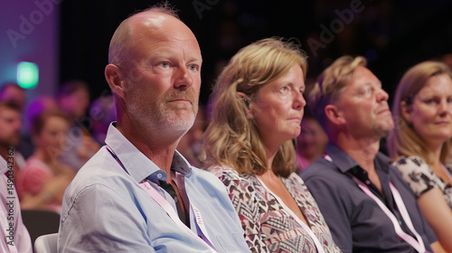 Tech professionals attentively listening to a keynote speaker on stage at modern conference hall. Business seminar, corporate training, professional education and career development concepts.