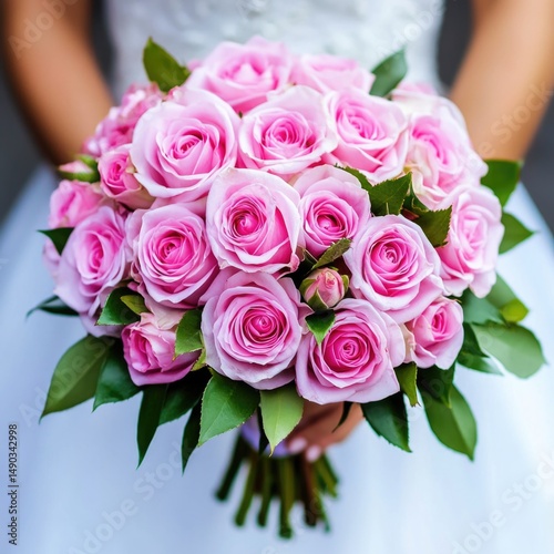 Bride Holding Bouquet of Pink Roses
