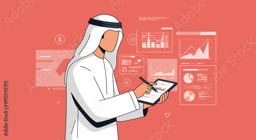 Arab Businessman Analyzing Financial Data On Digital Tablet With Charts And Statistics Against Red Background