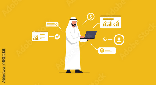 Arab Businessman in White Traditional Attire Working on Laptop Analyzing Data Charts and Graphs on Yellow Background