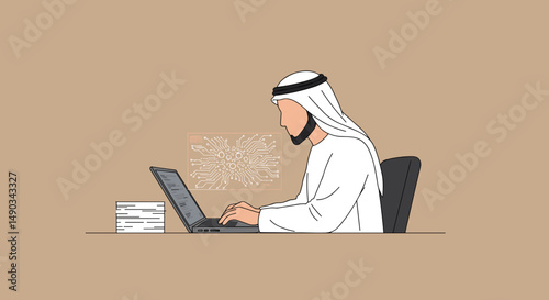 Arab Businessman In White Traditional Attire Working On Laptop With Digital Presentation On Brown Background