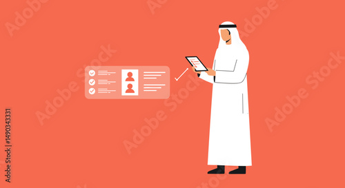 Arab Businessman Holding Digital Tablet With Interface On Coral Background