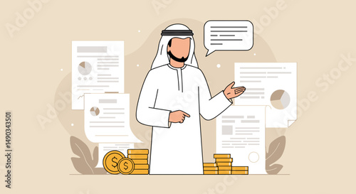 Arab Businessman Presenting Financial Reports Surrounded by Documents Coins in Beige Tones