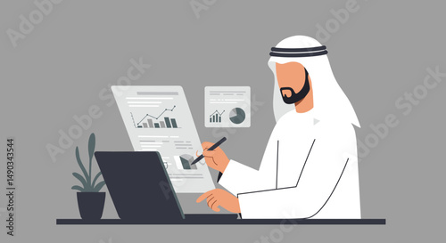 Arab Businessman Reviews Financial Documents And Uses A Laptop At His Desk In A Modern Office