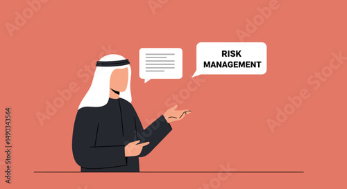 Arab Businessman Presenting Risk Management Concept With Speech Bubbles And Pointing Gesture