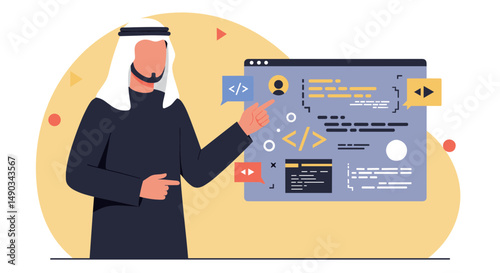 Arab Businessman Presenting Online Programming Code on Computer Screen with Gesturing Hand in Vector Illustration