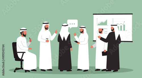Arab Businessmen in Traditional Attire Discussing Project Presentation at Meeting Room with a Green Background