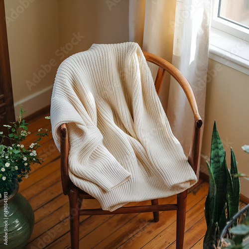 The cream knit sweater and plant are placed in a sunlit room.