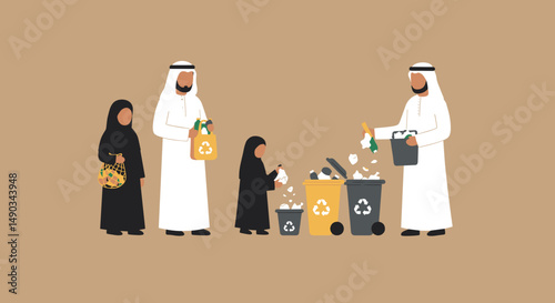 Arab Family Sorting Trash into Recycle Bins with Brown Background and White and Black Clothing in Pixel Art Style