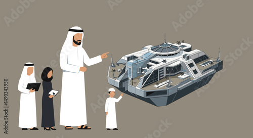 Arab Family Viewing Futuristic Boat Design with Pixelated Style on Brown Background