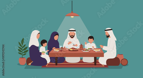 Arab Family Gathering Around a Dinner Table in Traditional Clothing Enjoying a Festive Meal at Home