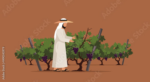 Arab Farmer Inspects Grape Vines In Sunny Day Light In Rural Landscape Scene