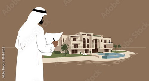 Arab Man Examining Documents Near Luxury Beach Villa With Swimming Pool and Palm Trees in Coastal Setting