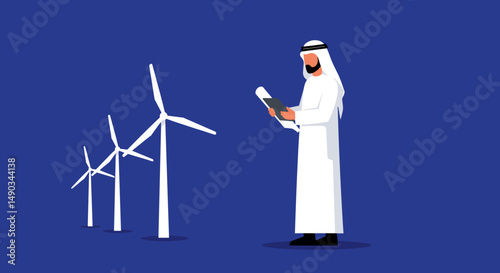 Arab Man Examining Wind Turbines On Blue Background Pixelated Illustration