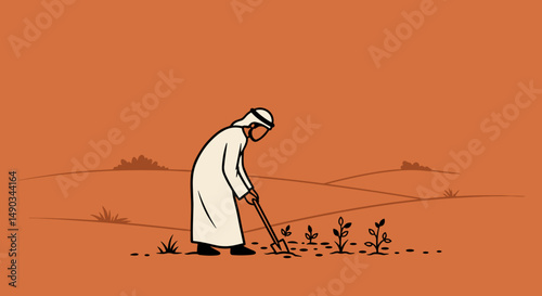 Arab Man Farming Plants In A Brown Field with Pixel Art and Minimalist Style