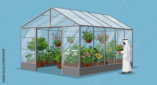 Arab Man Holding Potted Plants Inside A Glass Greenhouse With Various Blooming Flowers And Green Foliage