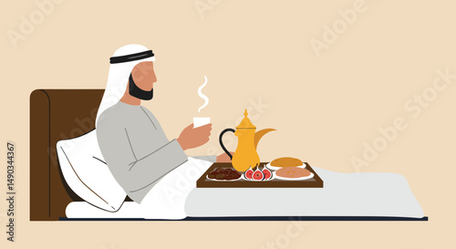 Arab Man in Traditional Attire Enjoying Breakfast in Bed with Golden Coffee Pot and Beige Background