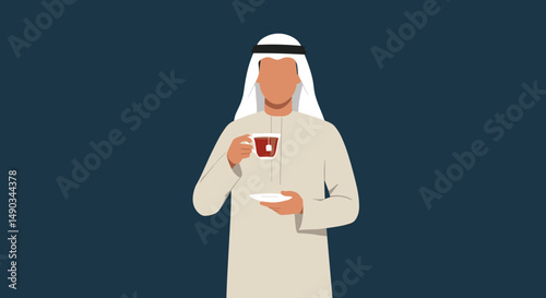 Arab Man Holding Tea Cup And Saucer In Beige Traditional Outfit Isolated Against Dark Blue Background