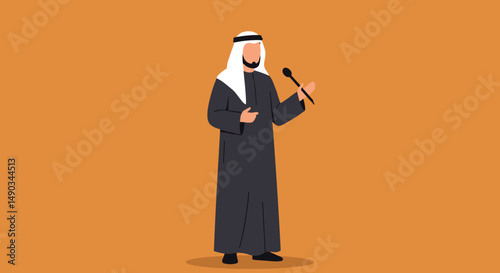 Arab Man In Traditional Attire Holding A Microphone Delivering A Presentation On Brown Background In Pixel Art Illustration