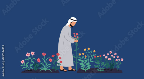Arab Man in Traditional Attire Tending Colorful Flowers in Garden on Dark Blue Background