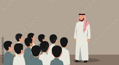 Arab Man in Traditional White Attire Giving Presentation To Group Of Men Against Simple Brown Background