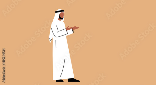 Arab Man in Traditional White Attire Pointing Hand with Beige Background in Pixelated Style