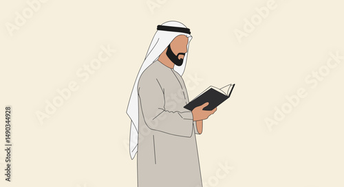 Arab Man In Traditional White Headwear Reading Black Book On Beige Background