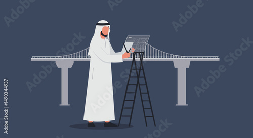 Arab Man In Traditional White Outfit Uses Digital Device Near Modern Bridge In Blue Backdrop