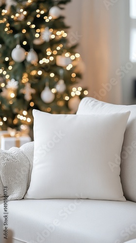 Cozy White Pillow on Sofa Beside Beautiful Christmas Tree Decoration