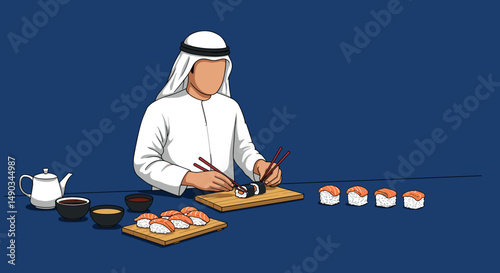 Arab Man In White Attire Preparing Sushi With Chopsticks On Wooden Table with Tea Set In Blue Background