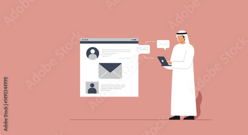 Arab Man in White Attire Reads Email on Laptop with Pink Background and Pixelated Illustration