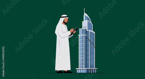 Arab Man in White Garb Reviews Plans Near Tall Modern Skyscraper Building in Dubai Against Green Background
