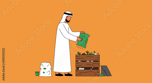 Arab Man in White Garb Sorting Green Money into a Wooden Bin against an Orange Background