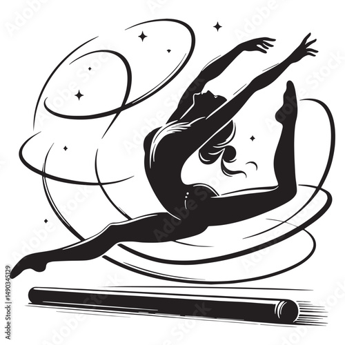 Rhythmic Gymnastics Silhouette line art vector illustration on white background