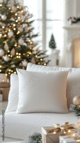 Cozy Living Room with Christmas Tree and White Decorative Pillows