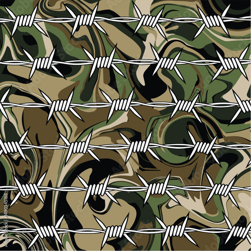 This edgy seamless pattern combines sharp white barbed wire lines layered over a rugged military camouflage background. The high-contrast design conveys themes of war, defense, and boundaries