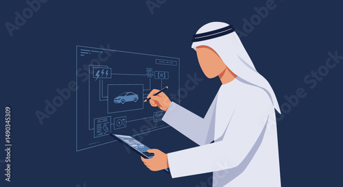 Arab Man in White Thobe and Ghutra Design Blueprint on Digital Tablet with Blue Background