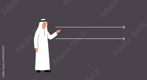Arab Man in White Thobe Gesturing Toward Two Horizontal White Arrows on Dark Gray Background
